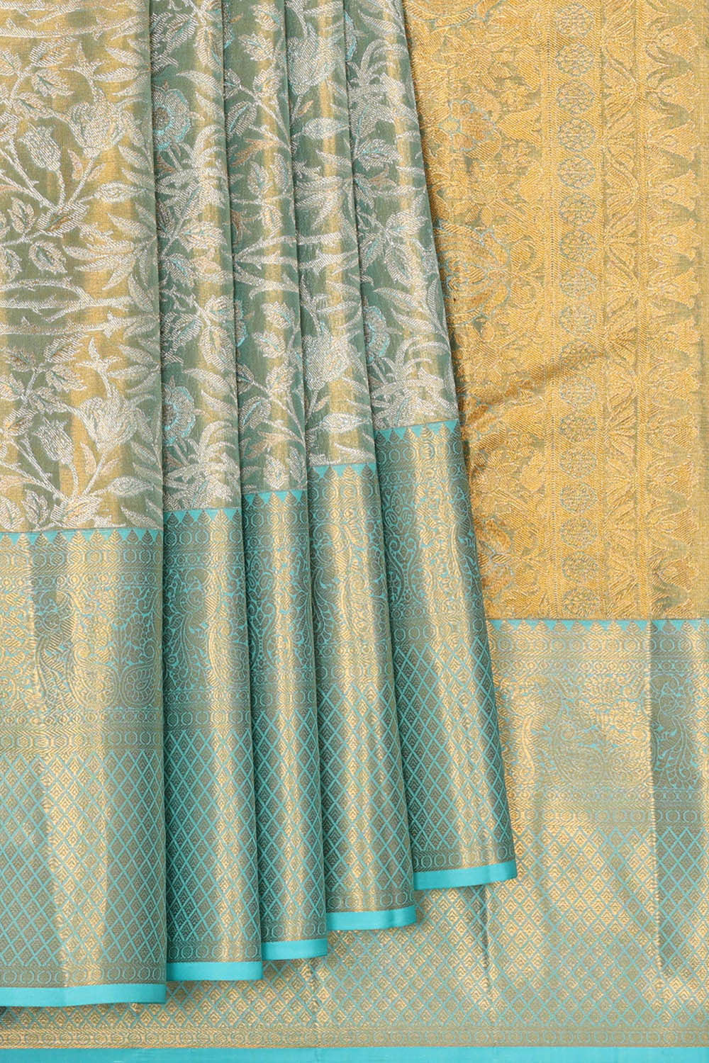 Kanchipattu Golden Blue Tissue Brocade Saree