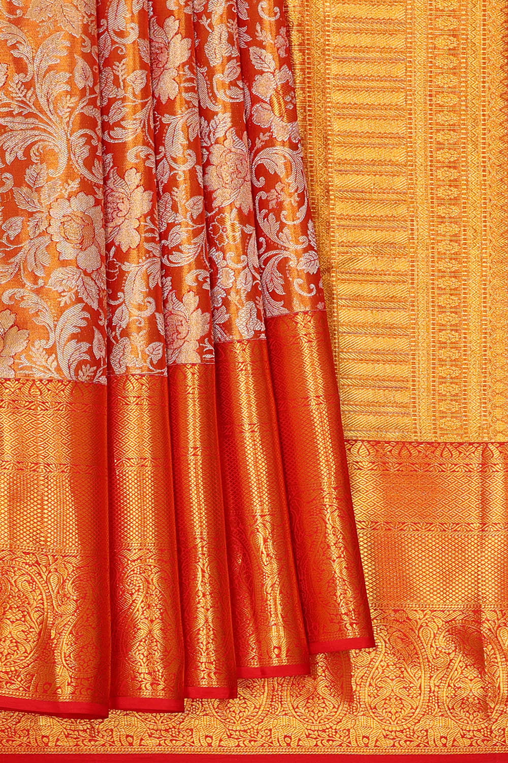 Kanchipattu Golden Red Tissue Brocade Saree