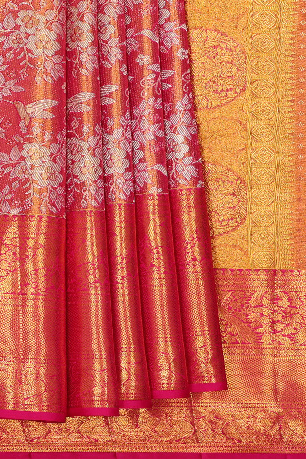 Kanchipattu Golden Pink Tissue Brocade Saree