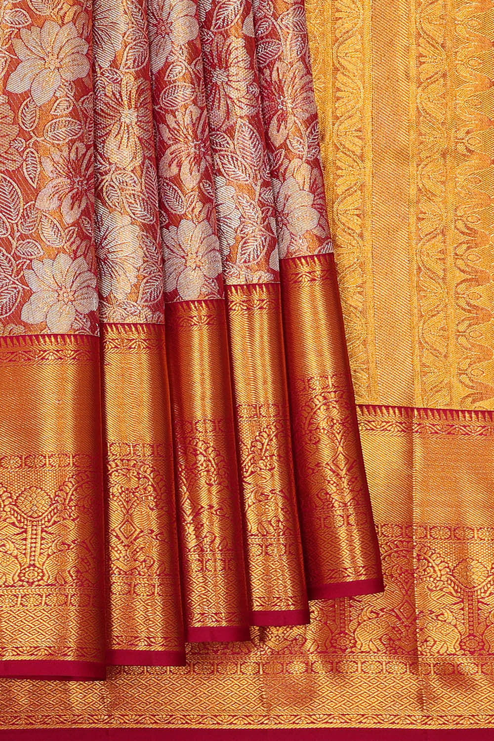 Kanchipattu Golden Red Tissue Brocade Saree