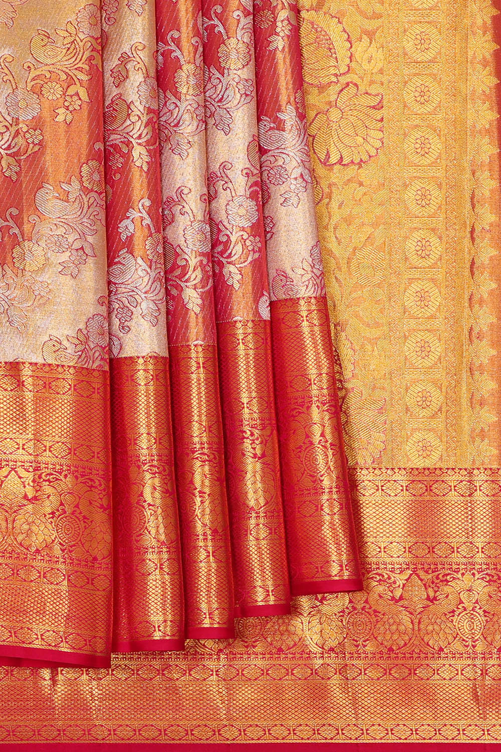 Kanchipattu Golden Red Tissue Brocade Saree