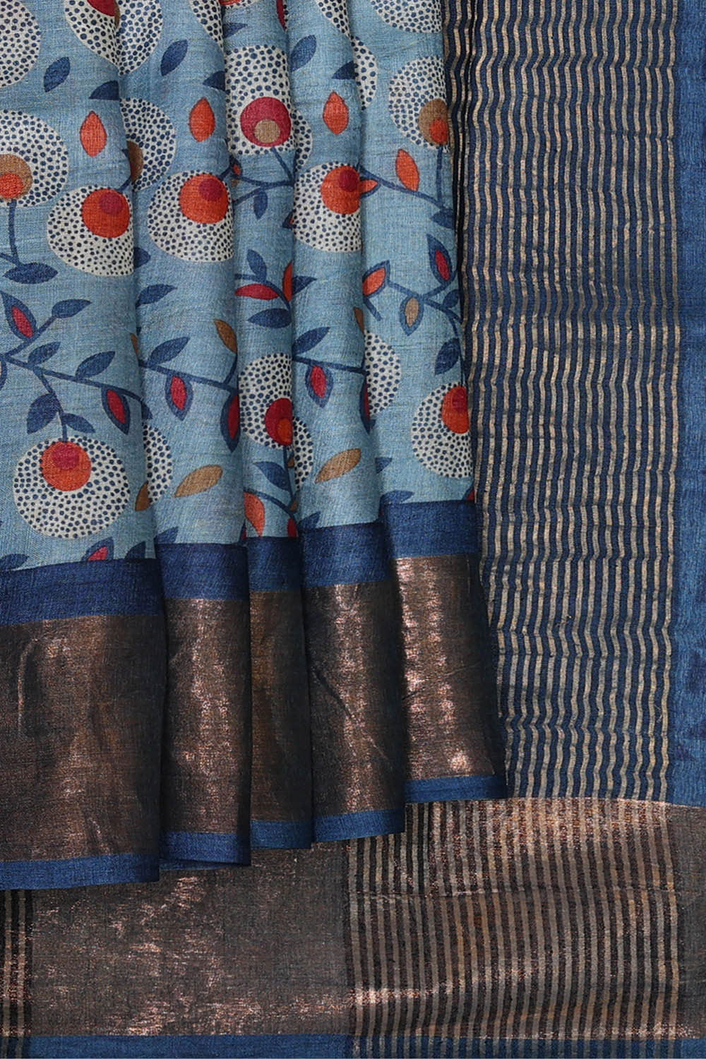 Printed Tussar Sky Blue Saree