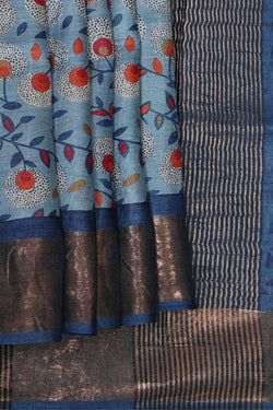 Image of Printed Tussar Sky Blue Saree