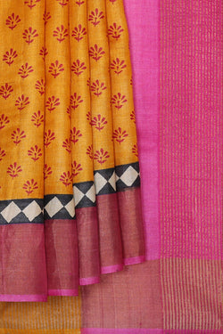 Image of Printed Tussar Yellow Saree