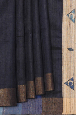 Image of Tussar Silk Dark Navy Blue Saree