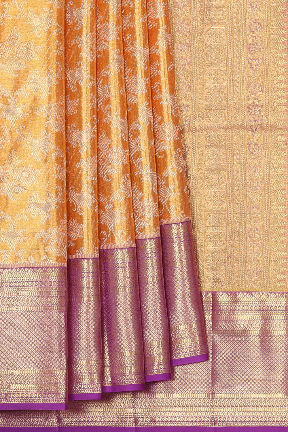 Kanchipattu Golden Peach Tissue Brocade Saree