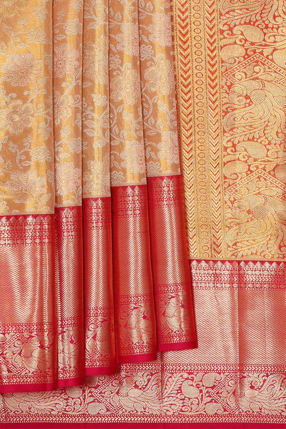 Kanchipattu Peach Tissue Brocade Saree