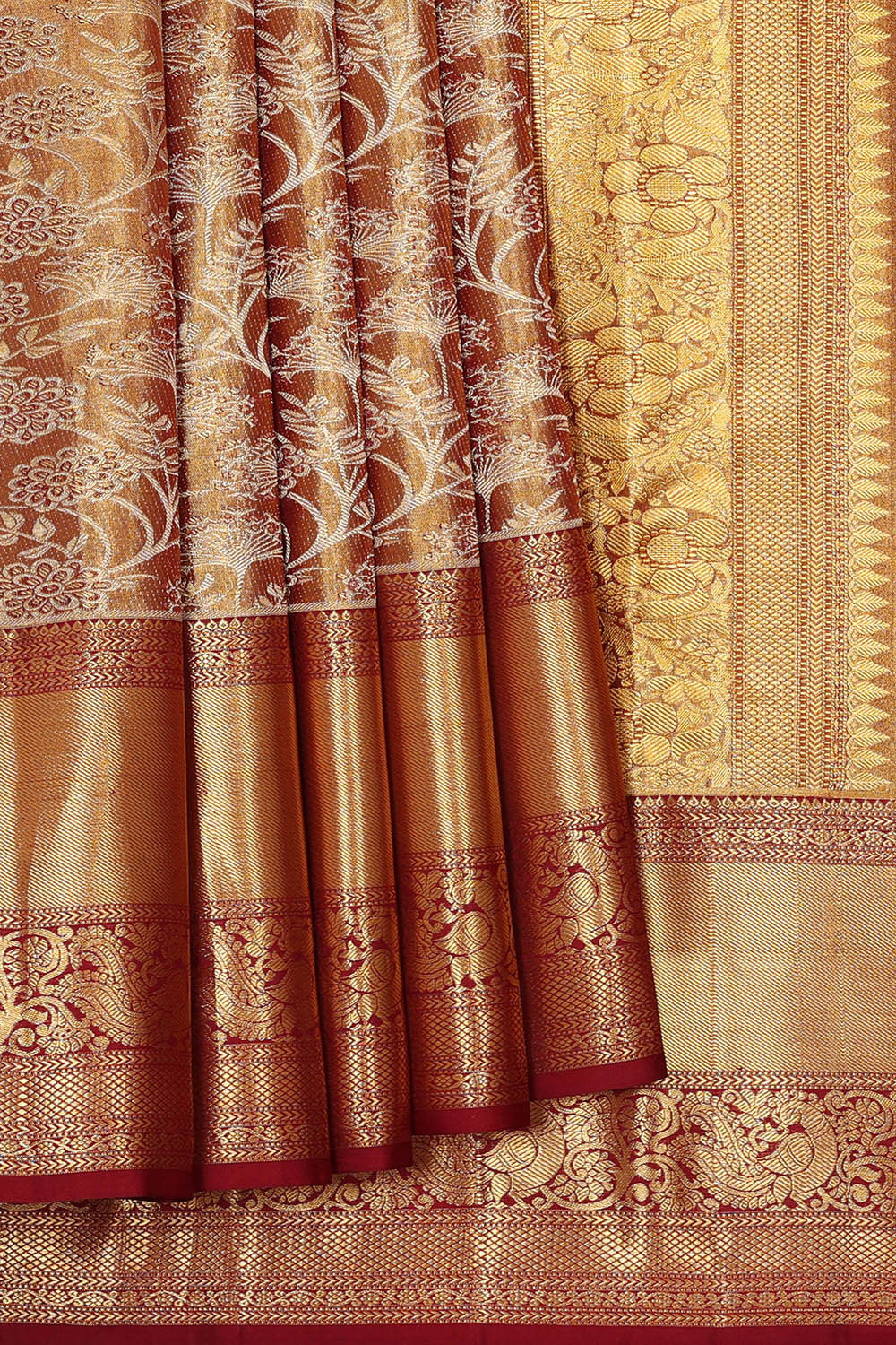 Kanchipattu Brown Tissue Brocade Saree