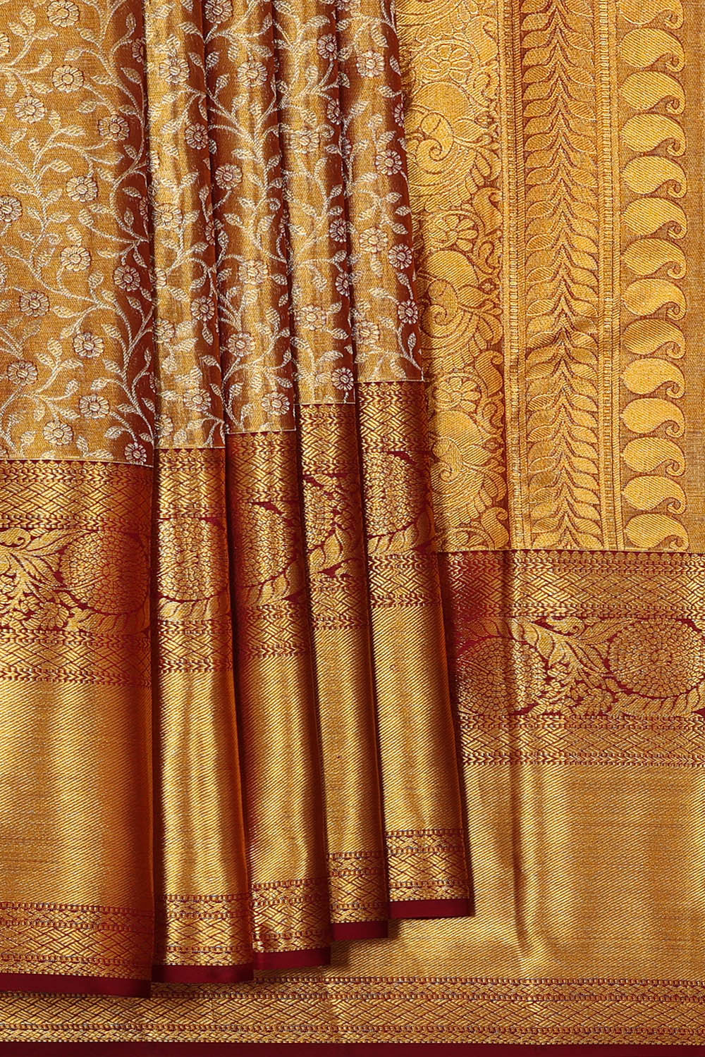 Kanchipattu Golden Brown Tissue Brocade Saree