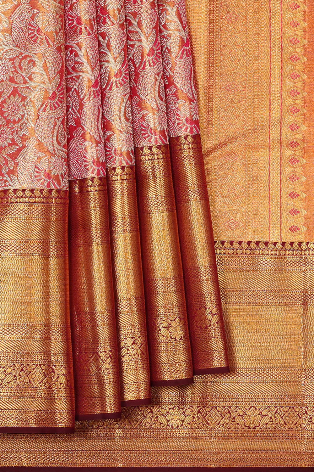 Kanchipattu Golden Pink Tissue Brocade Saree