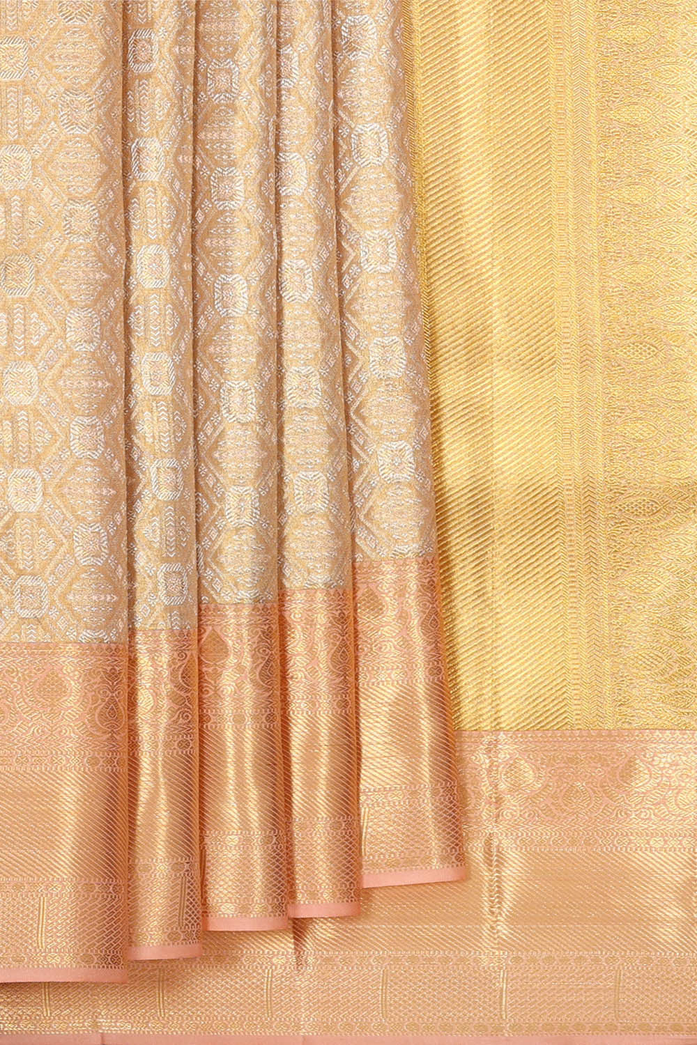 Kanchipattu Golden Peach Tissue Brocade Saree