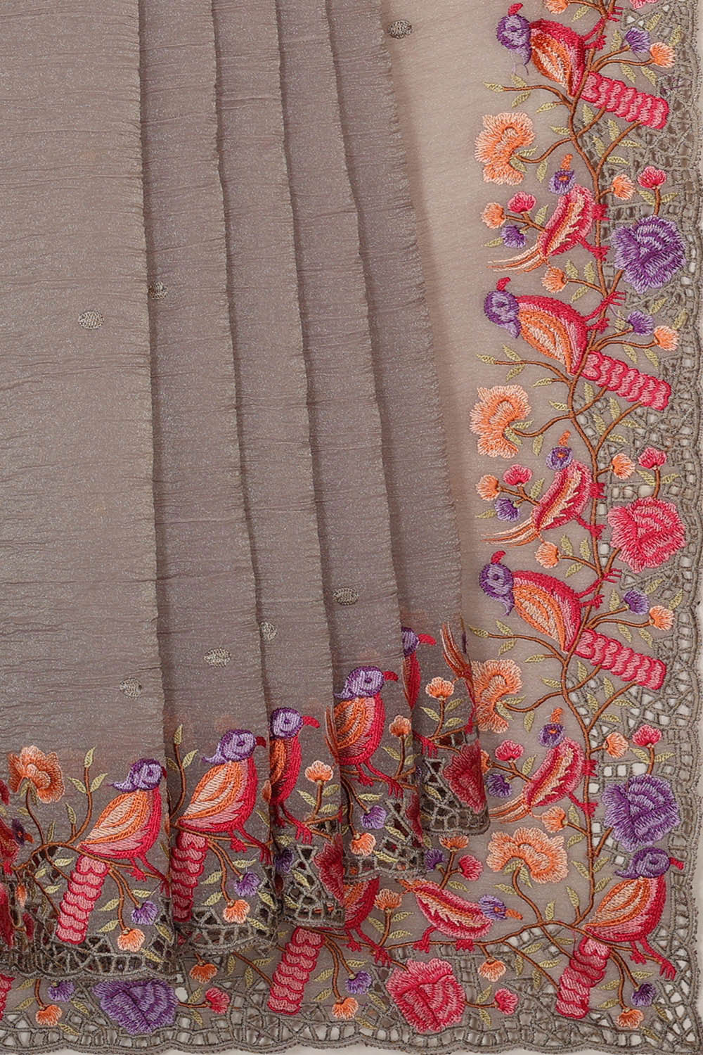 Image of Dull Grey Tissue Embroidered Saree