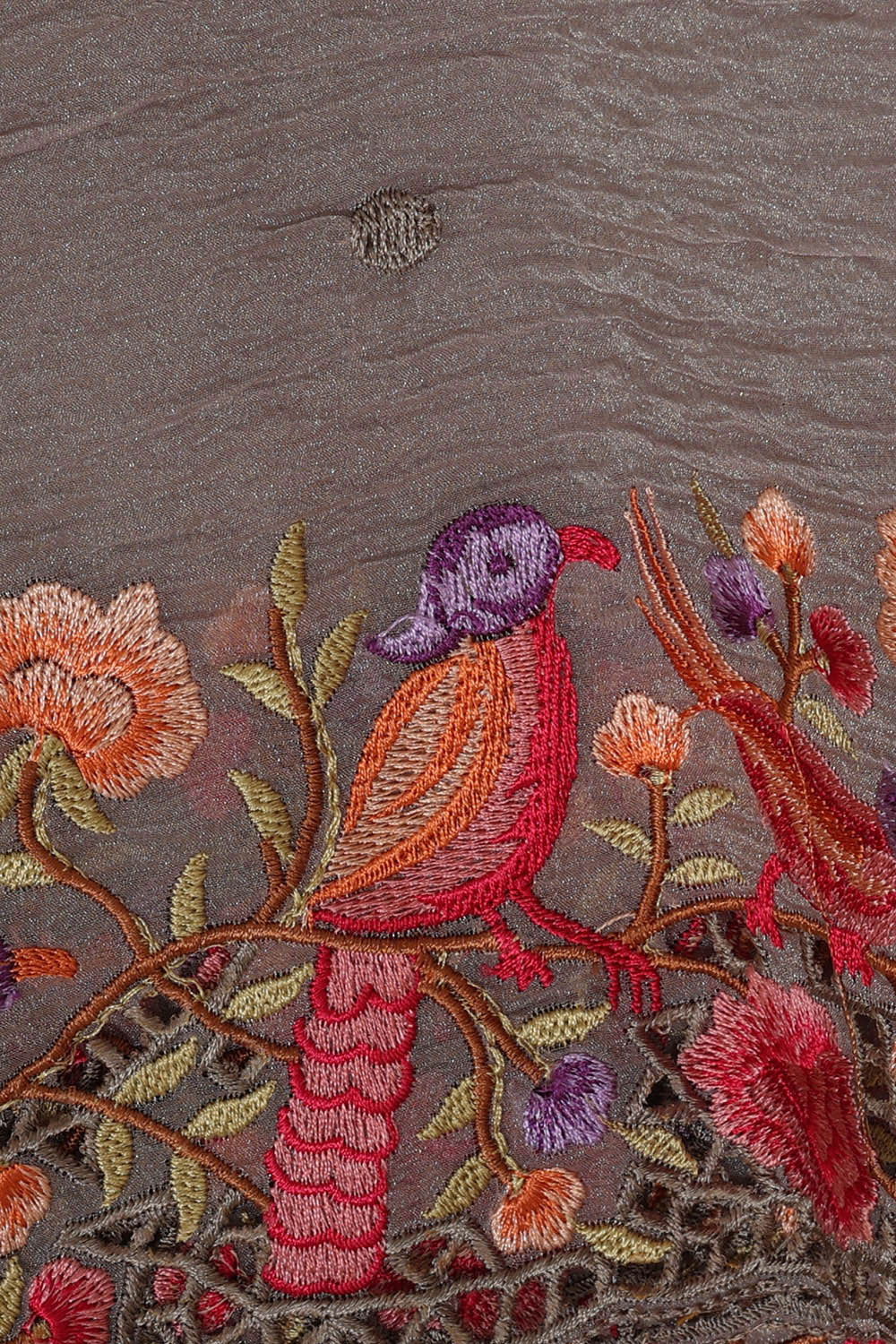 Image of Dull Grey Tissue Embroidered Saree