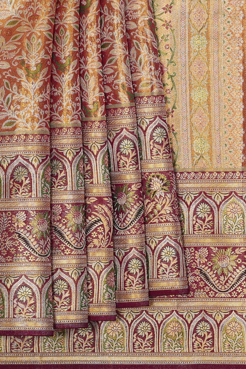 Kanchipattu Golden Brown Tissue Brocade Saree