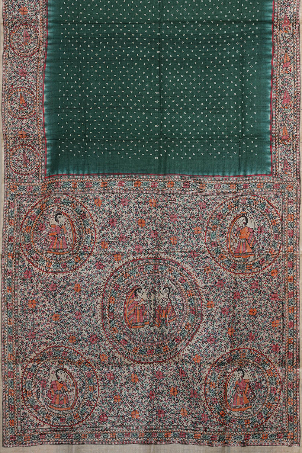 Image of Printed Tussar Teal Green Saree