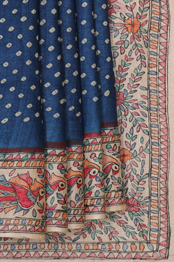 Image of Printed Tussar Dark Blue Saree