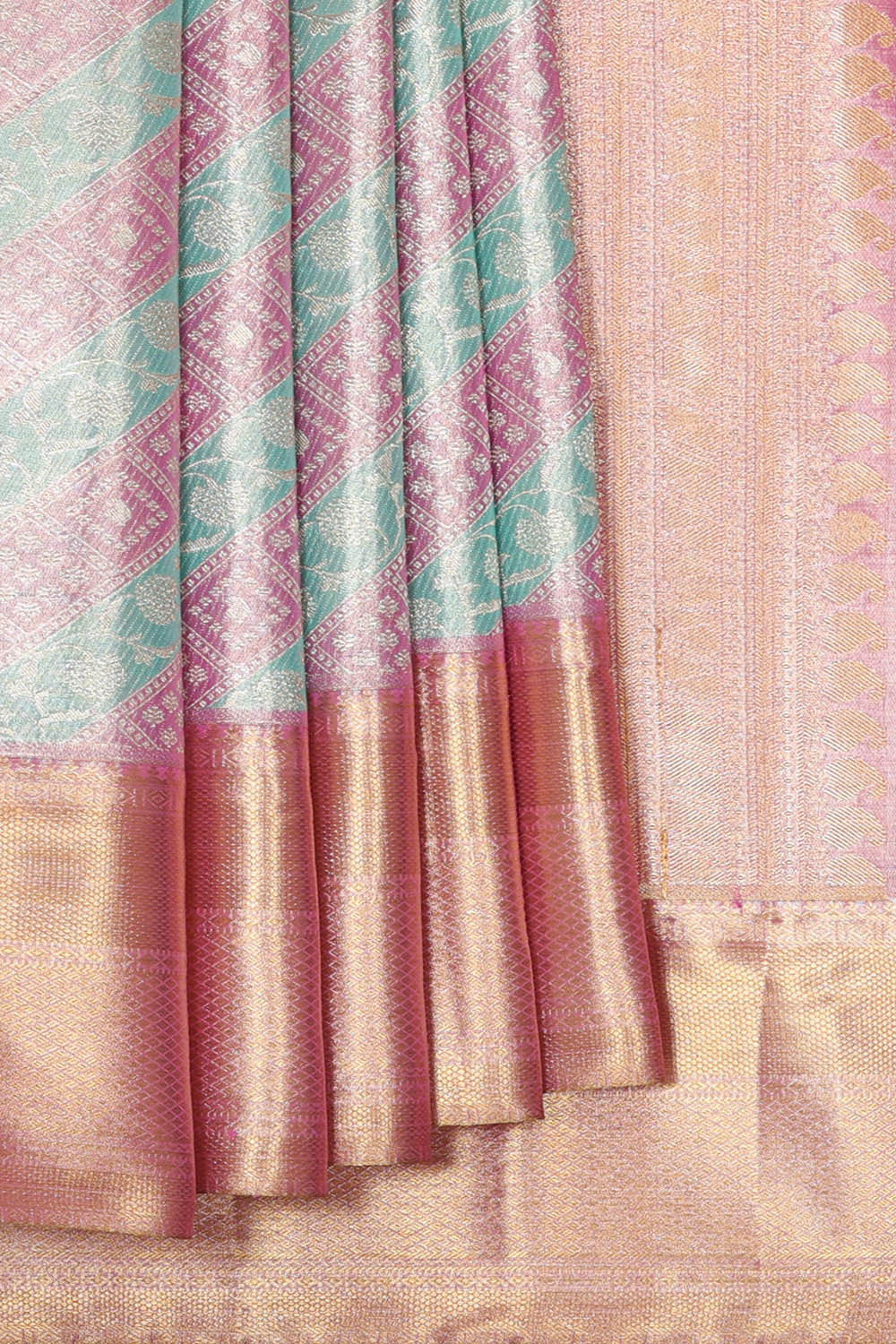 Kanchipattu Pink- Green Tissue Brocade Saree