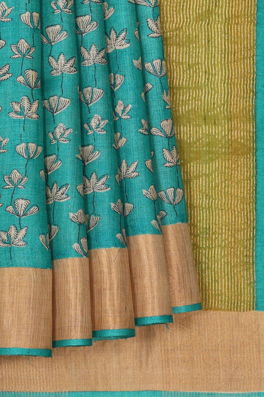 Printed Tussar Blue Saree