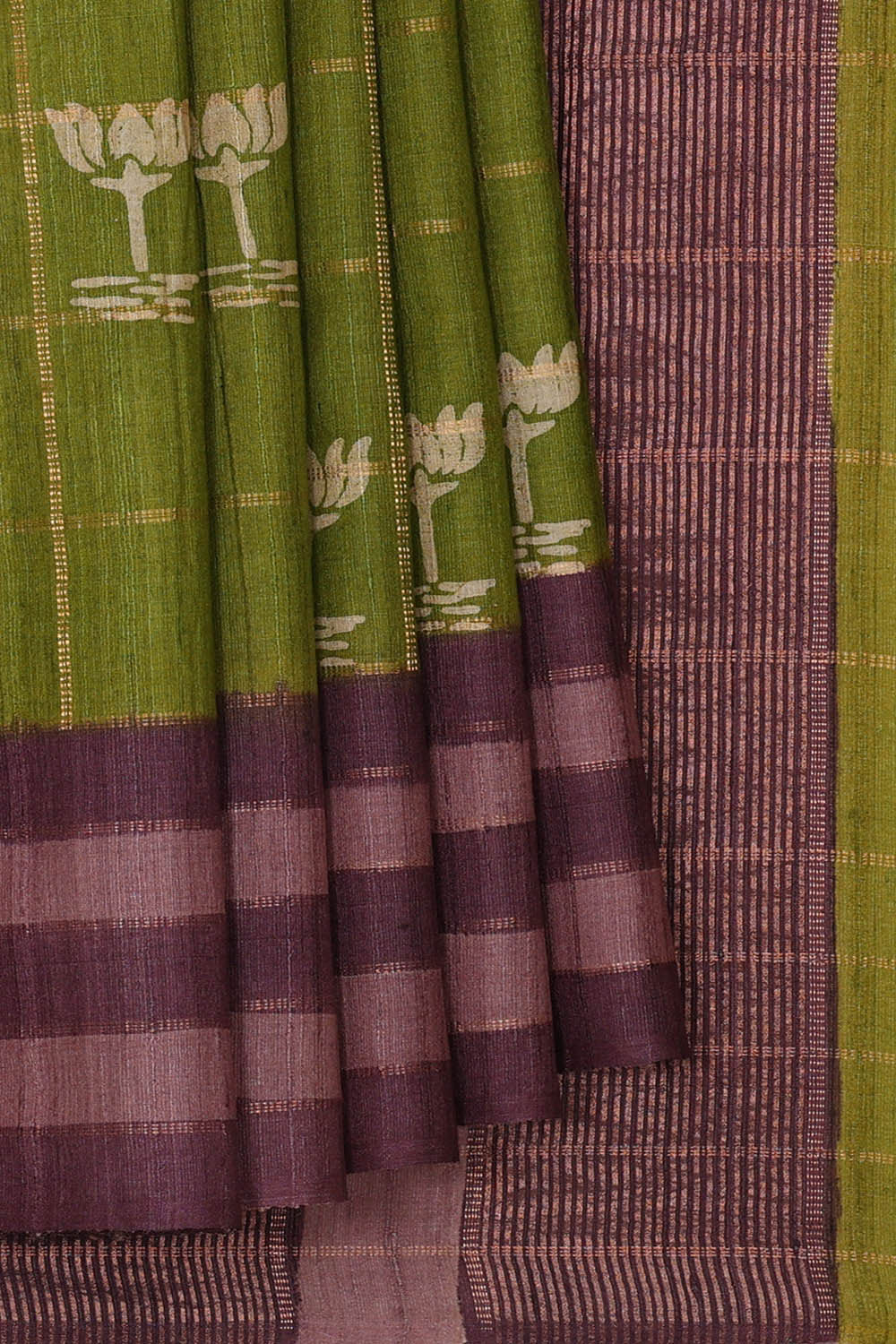 Printed Tussar Golden Green Saree