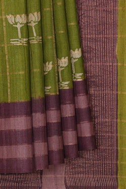 Image of Printed Tussar Golden Green Saree