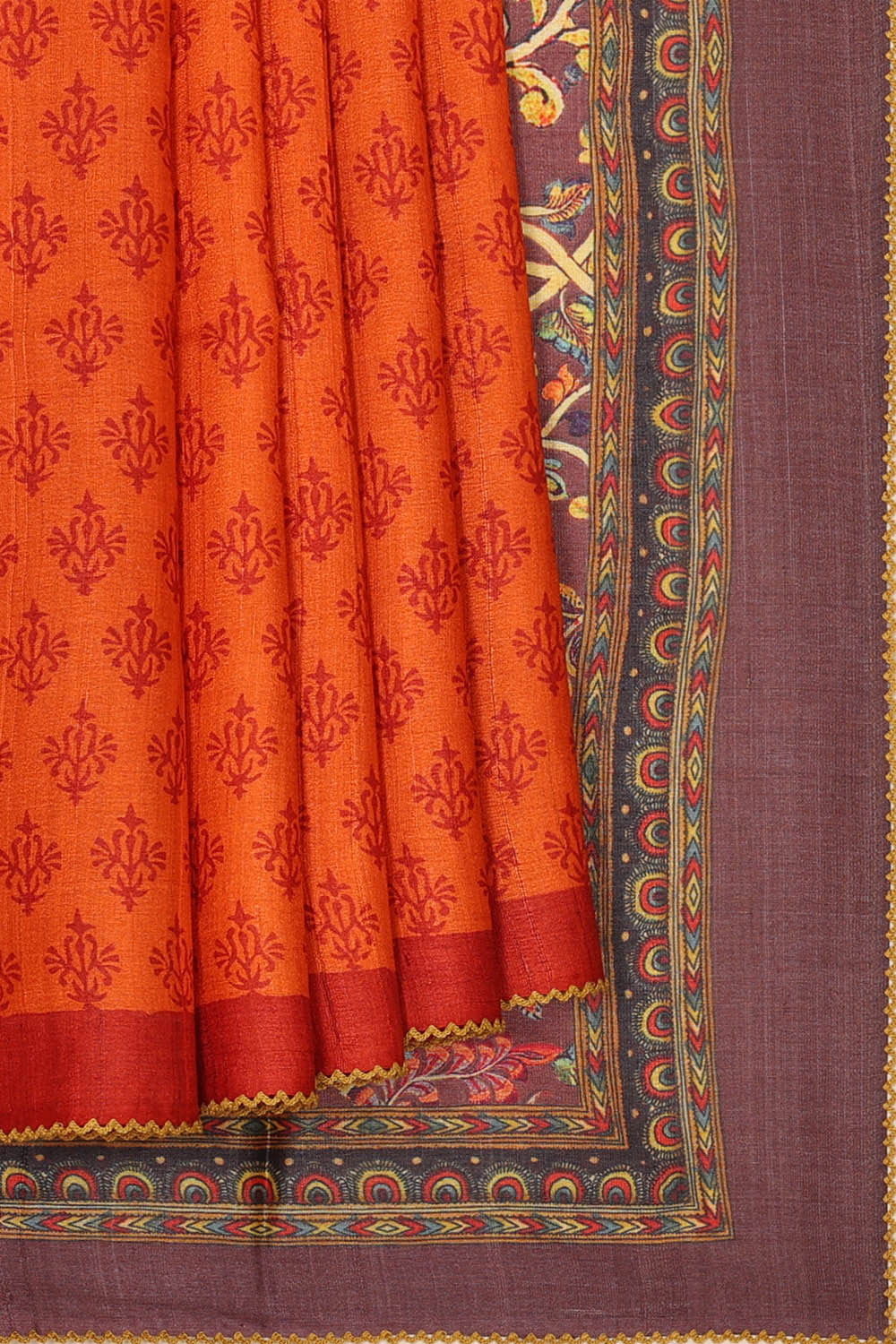 Printed Tussar Orange Saree