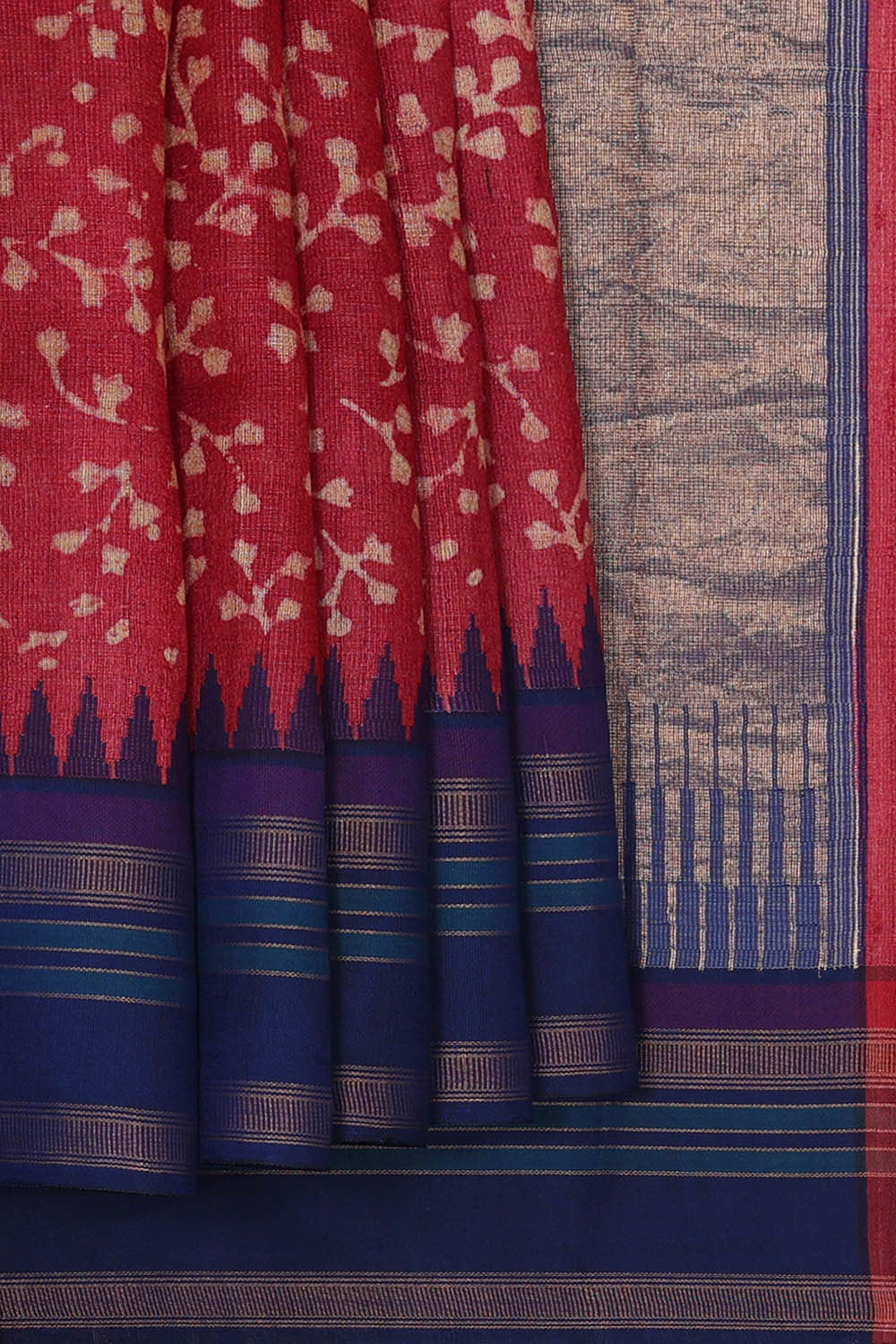 Printed Tussar Red Saree