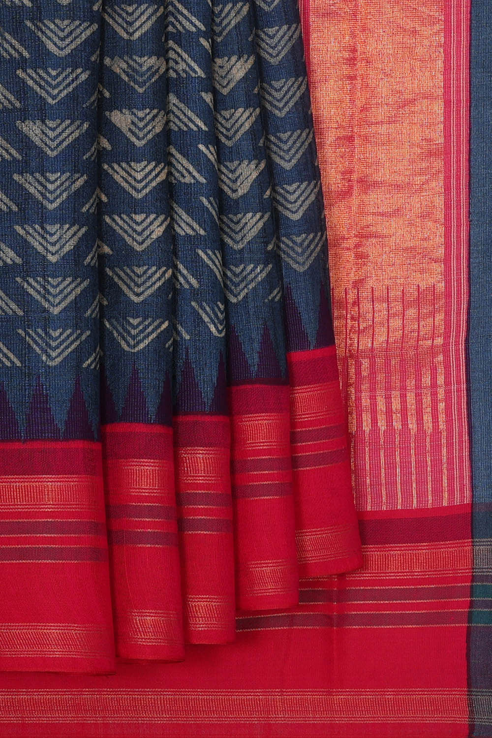 Printed Tussar Navy Blue Saree