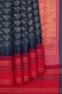 Image of Printed Tussar Navy Blue Saree