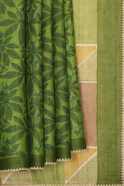 Image of Printed Tussar Leaf Green Saree