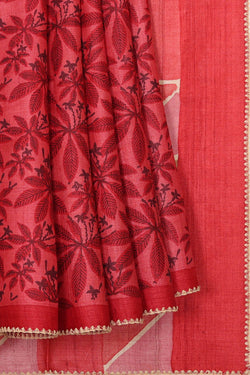 Image of Printed Tussar Pinkish Red Saree