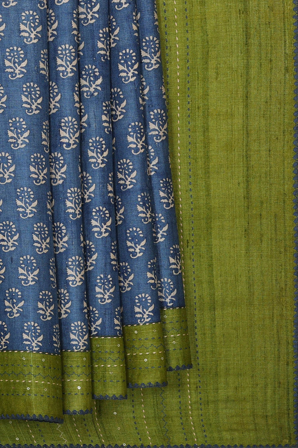 Printed Tussar Dark Blue Saree