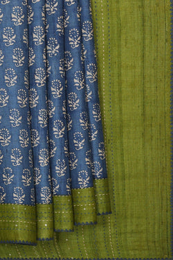 Image of Printed Tussar Dark Blue Saree