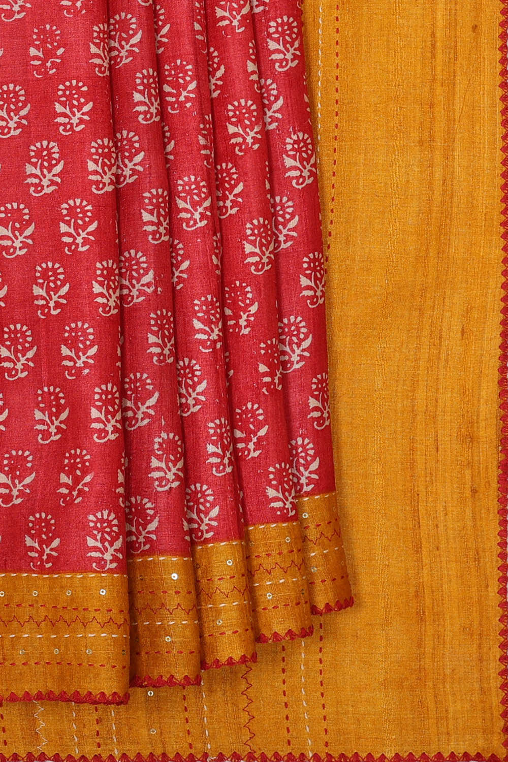 Printed Tussar Red Saree