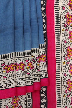 Image of Printed Tussar Dull Blue Saree