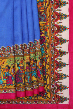 Image of Printed Tussar Ocean Blue Saree