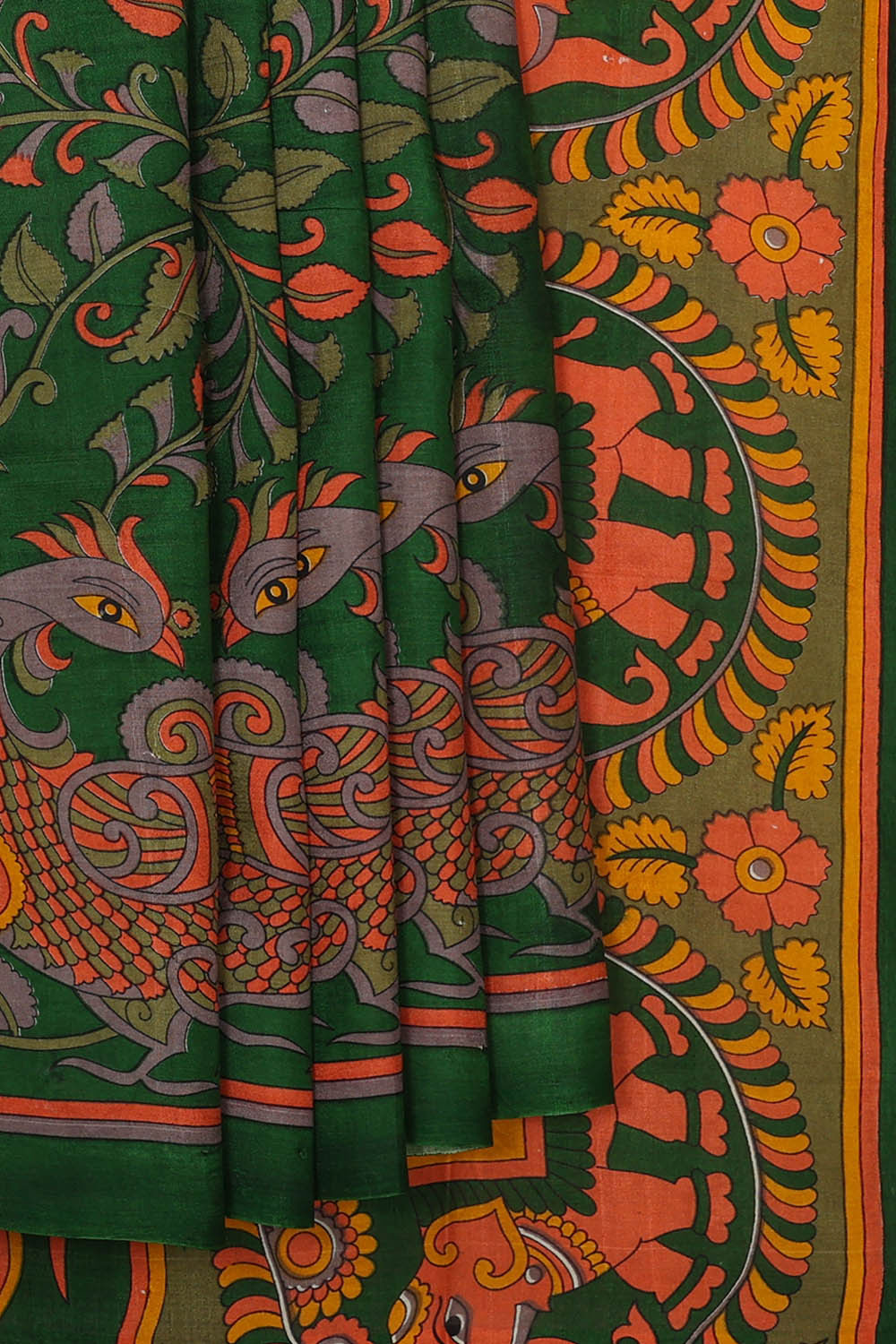 Printed Tussar Bottle Green Saree