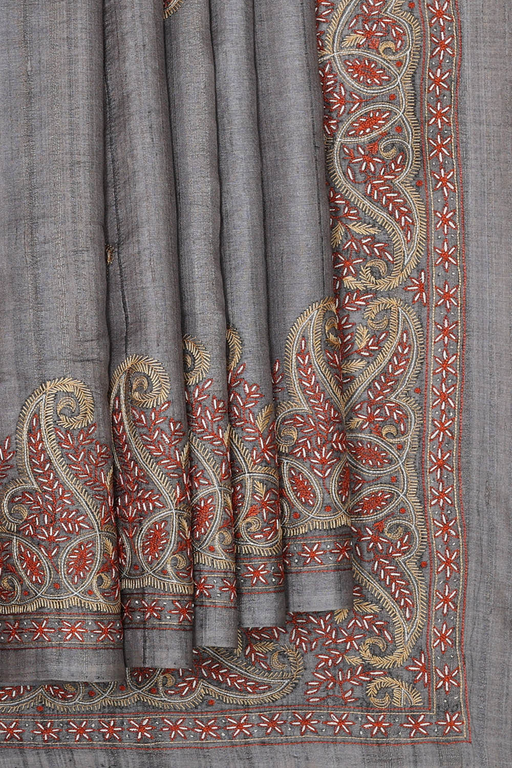 Image of Tussar Grey Embroidered Saree