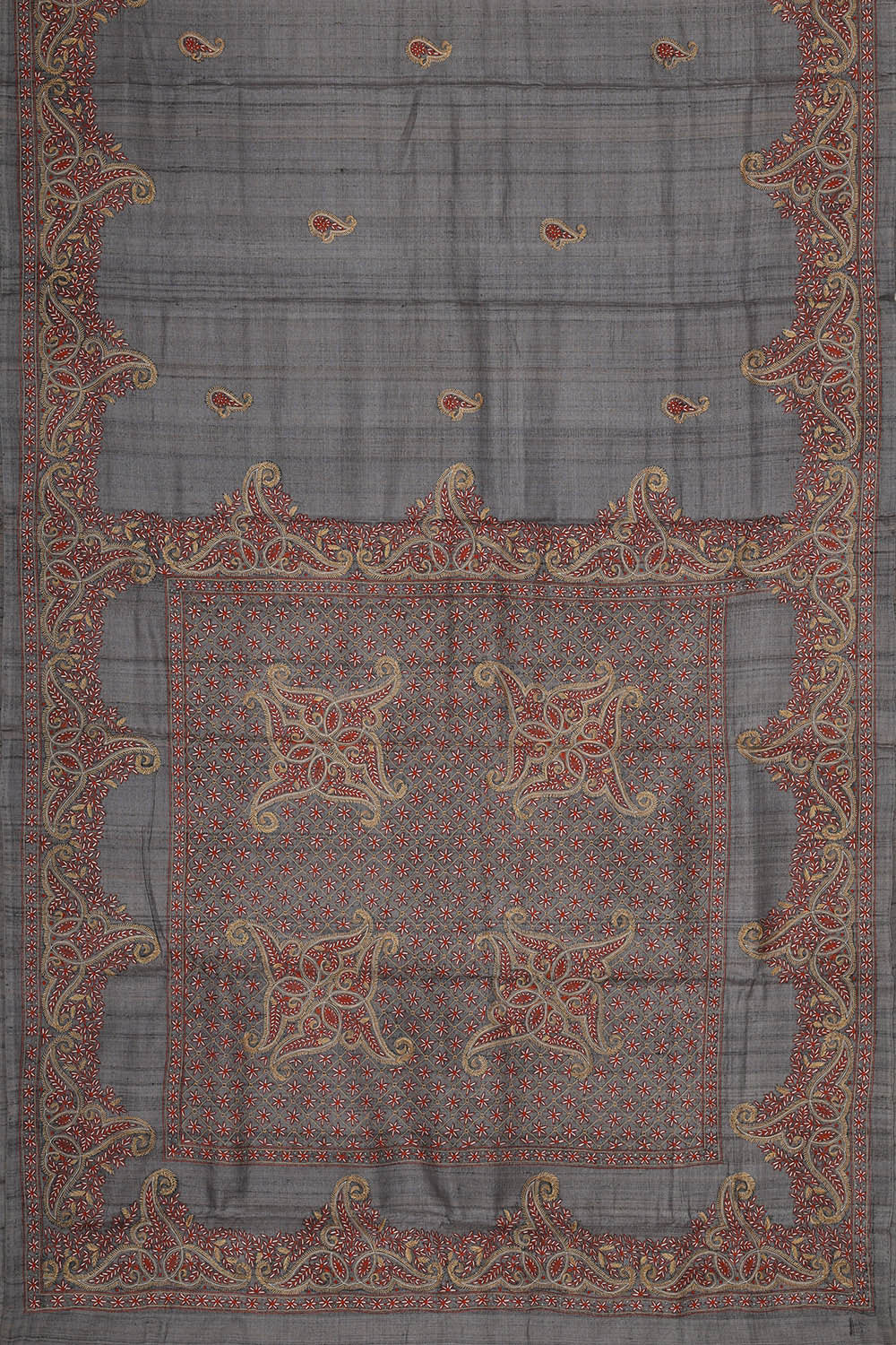 Image of Tussar Grey Embroidered Saree