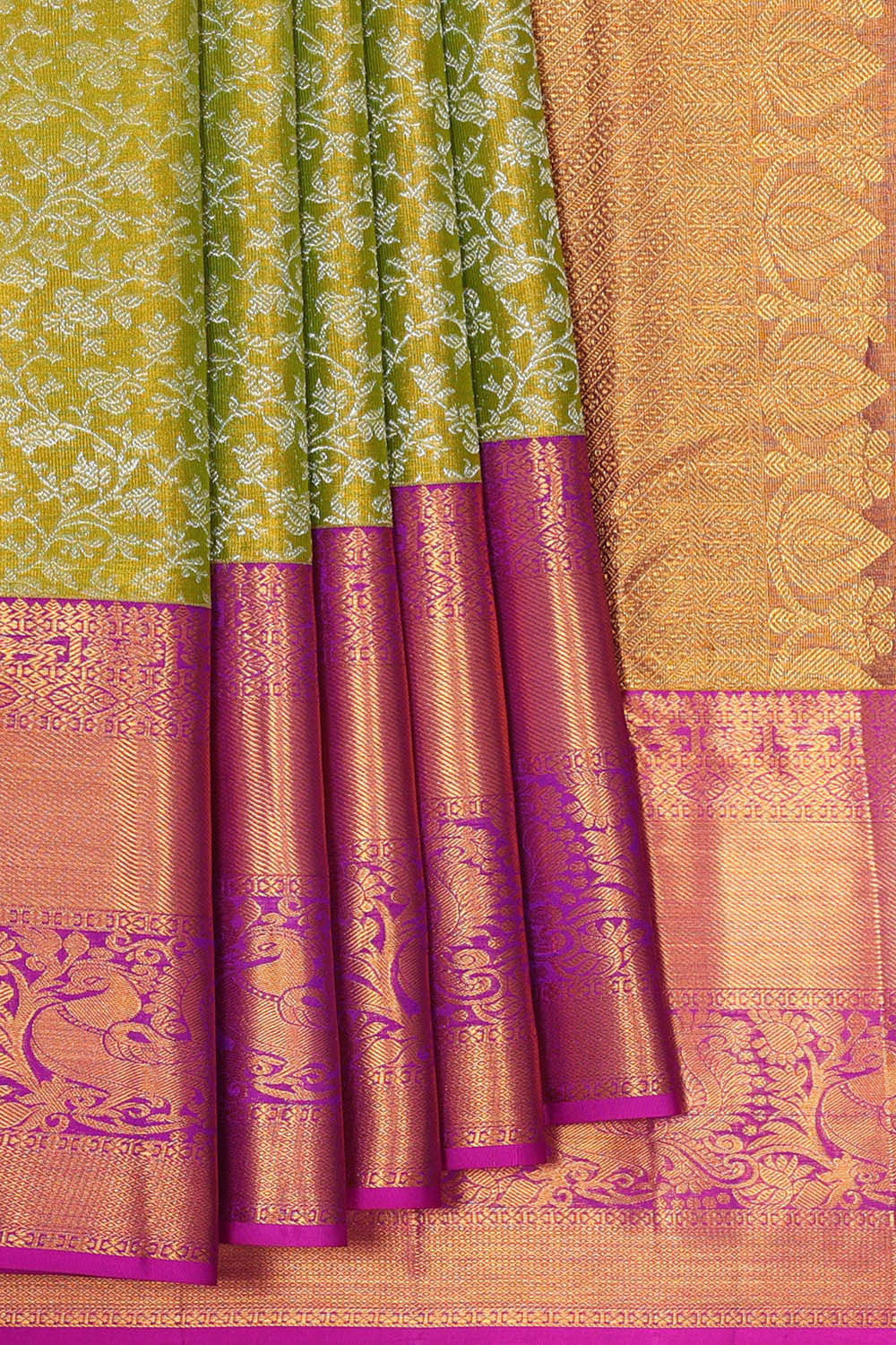 Kanchipattu Golden Green Tissue Brocade Saree