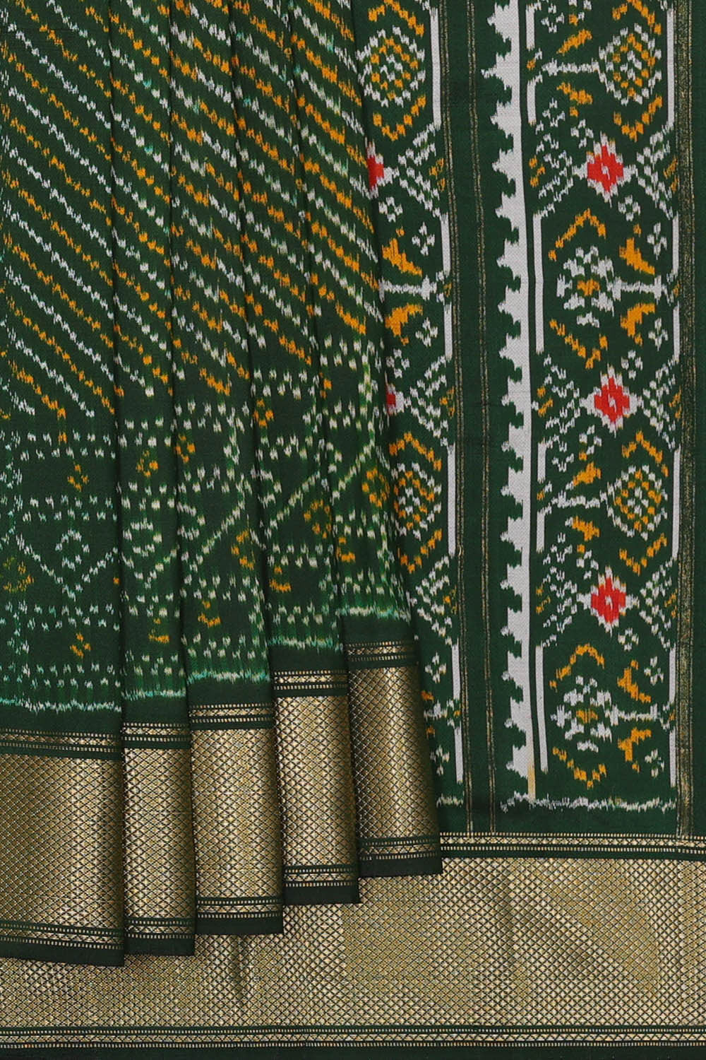 Ikat Silk Bottle Green Saree