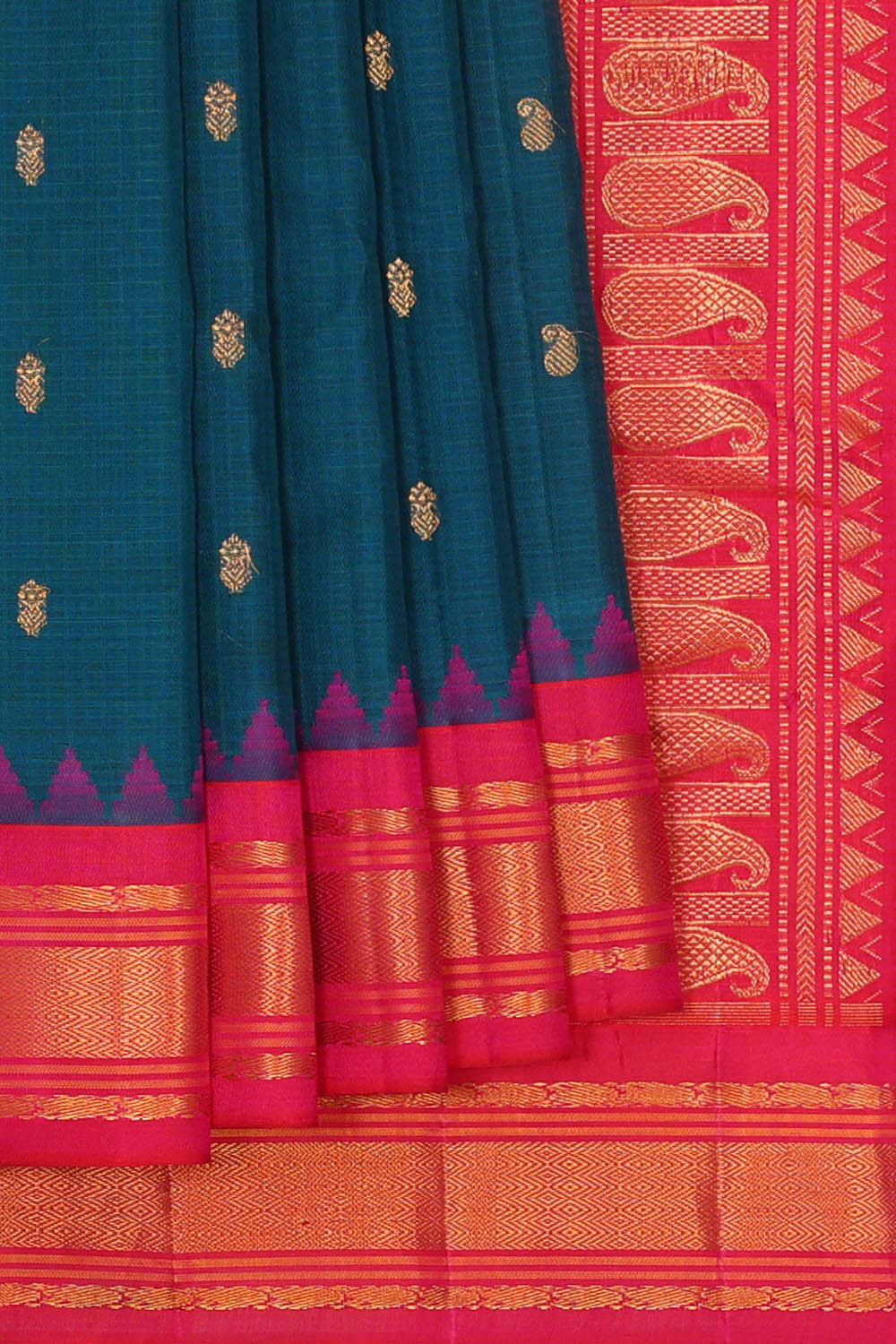 Image of Gadwal Silk Cotton Peacock Blue Saree