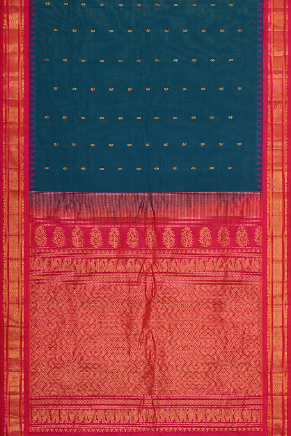 Image of Gadwal Silk Cotton Peacock Blue Saree