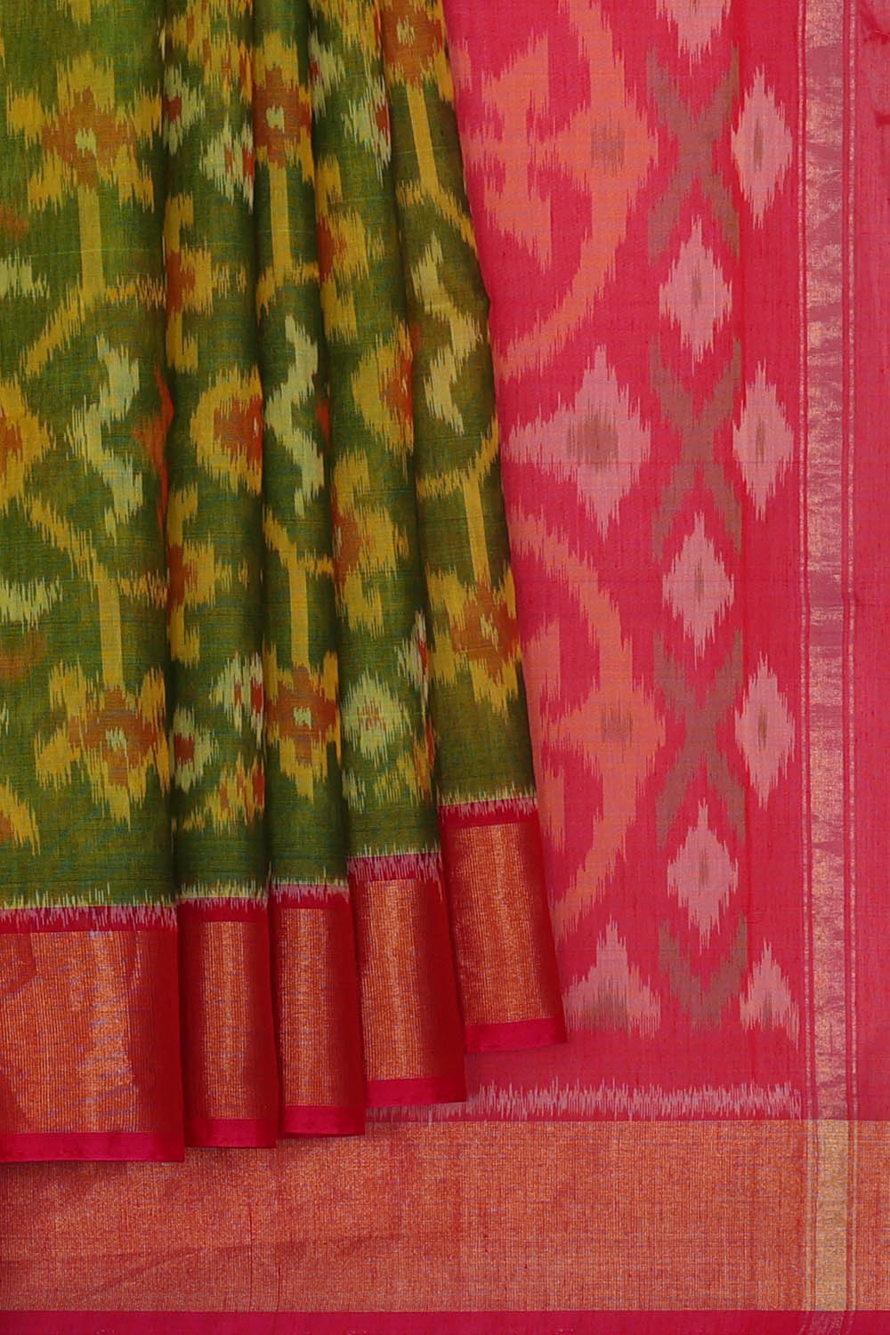 Image of Ikat Cotton Silk Green Saree