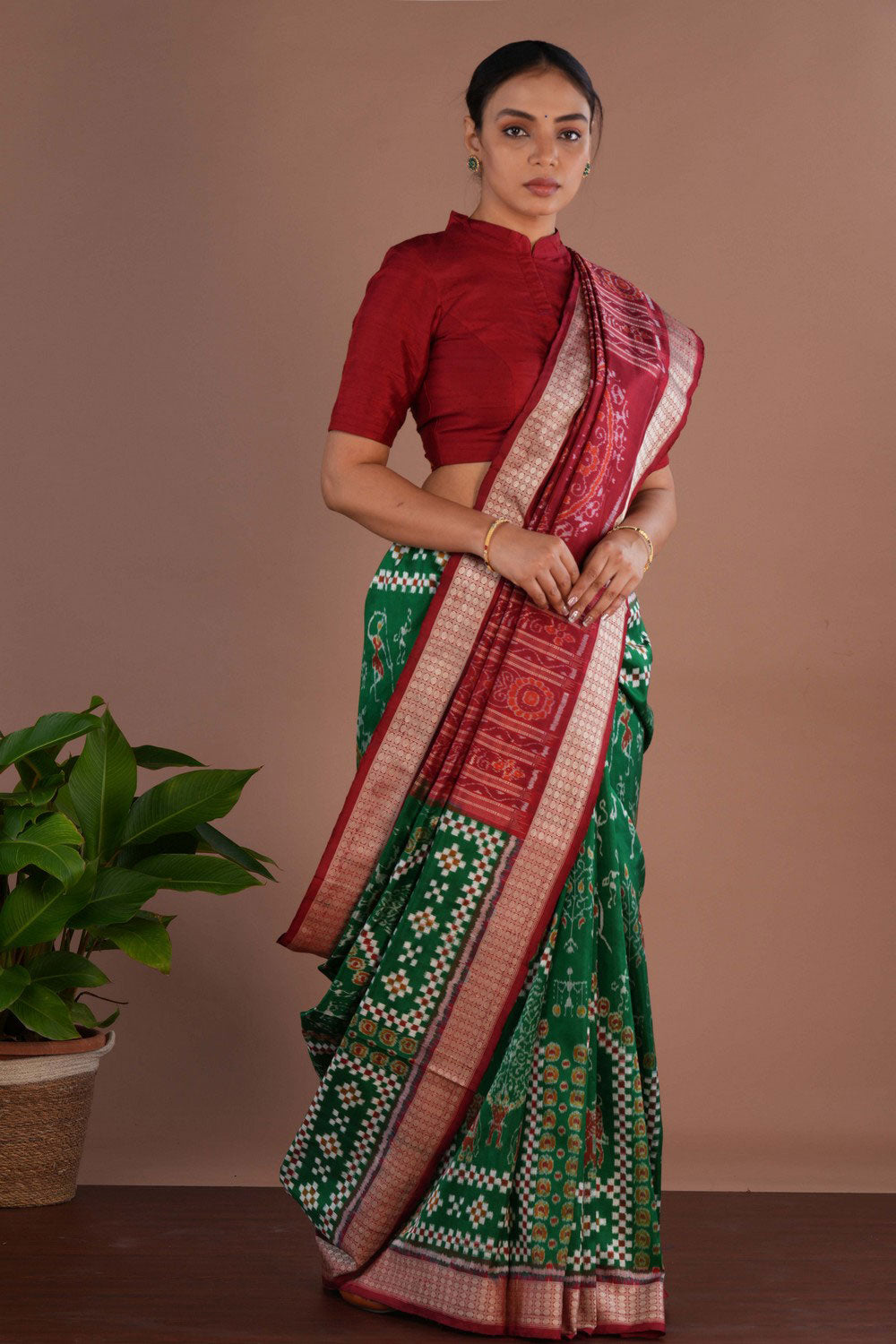 Image of Sambalpuri Silk Dark Green Saree
