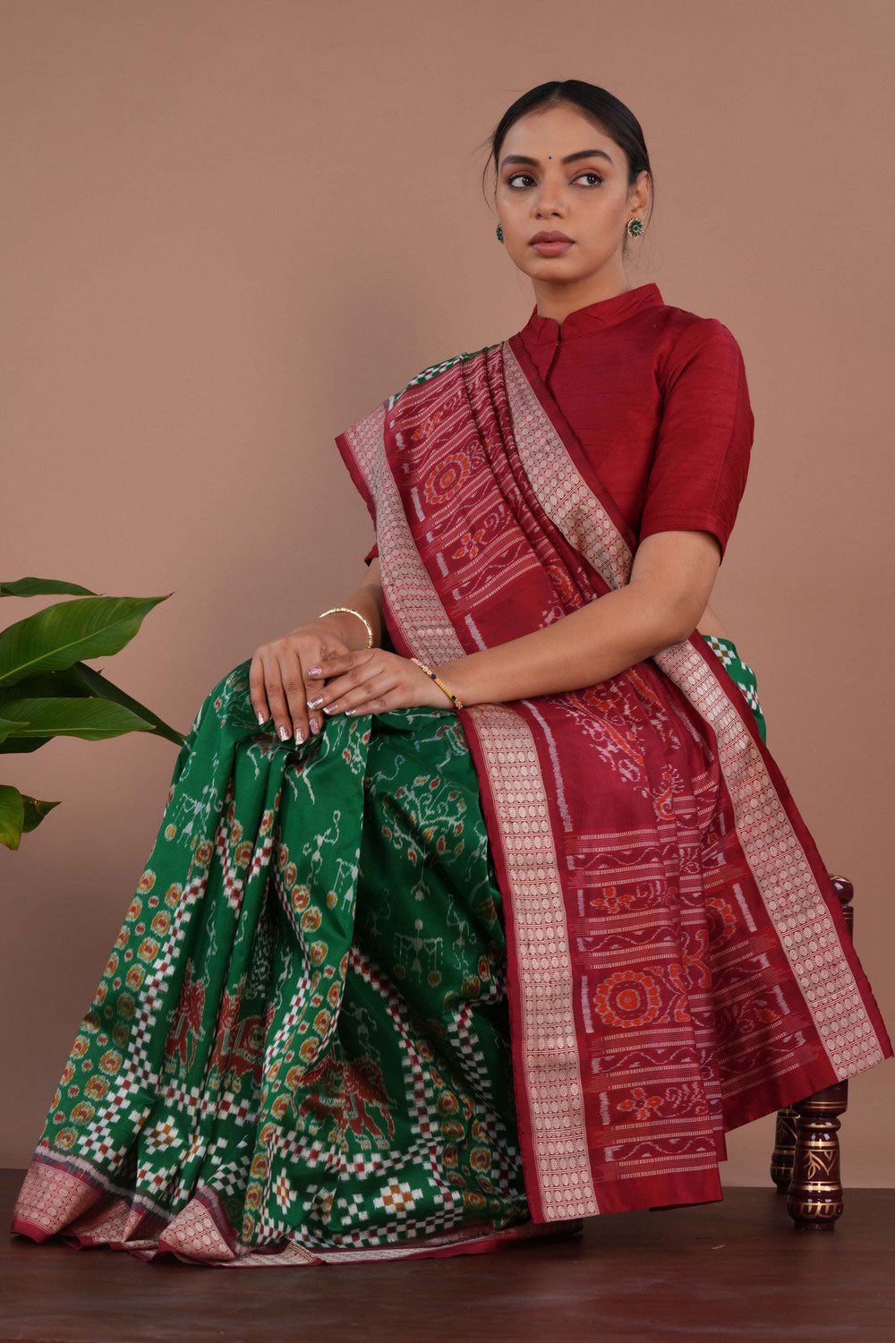 Image of Sambalpuri Silk Dark Green Saree