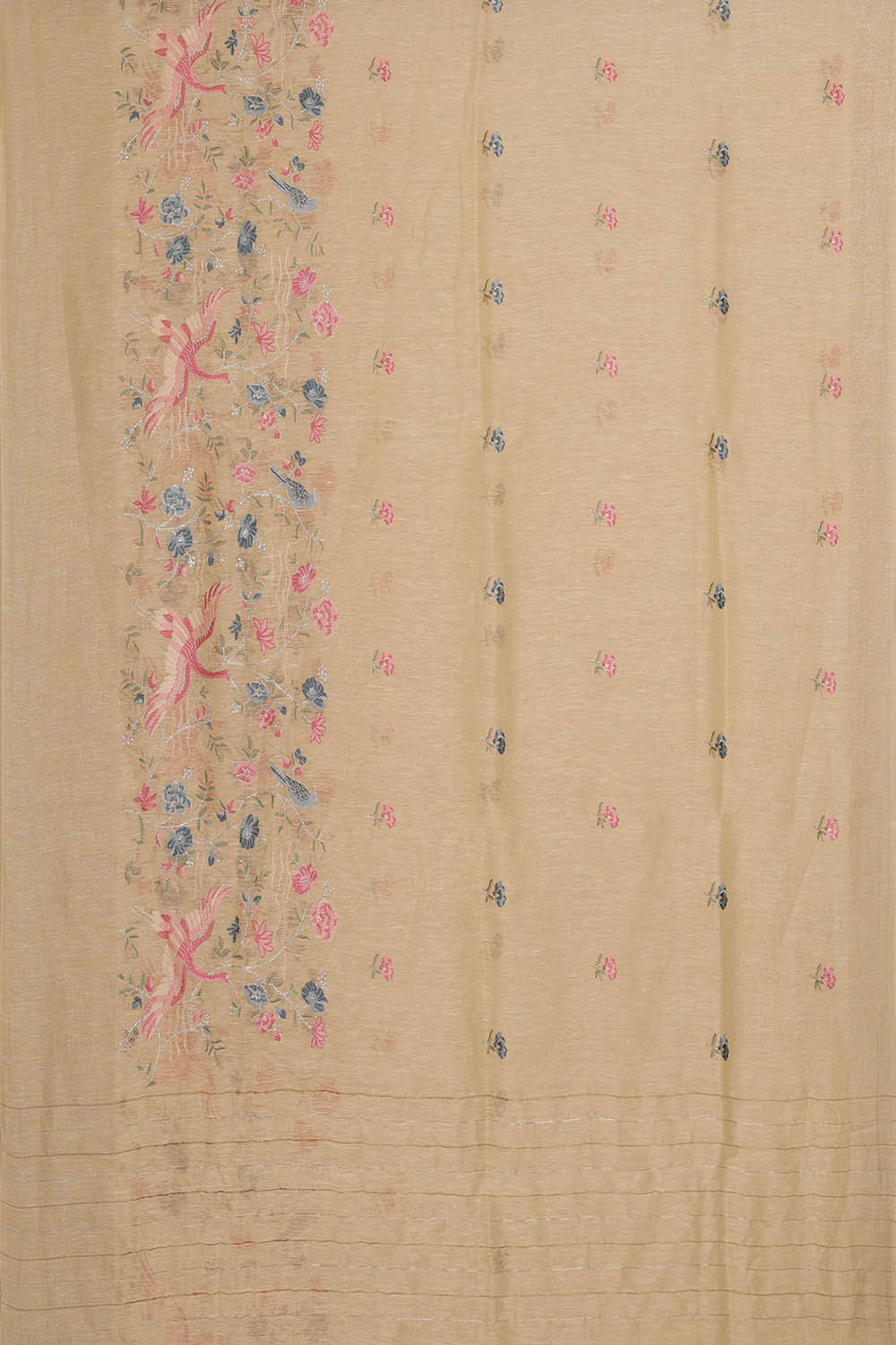 Linen Silk Cream Embroidered Saree
