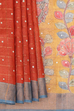 Image of Tussar Silk Dark Orange Saree