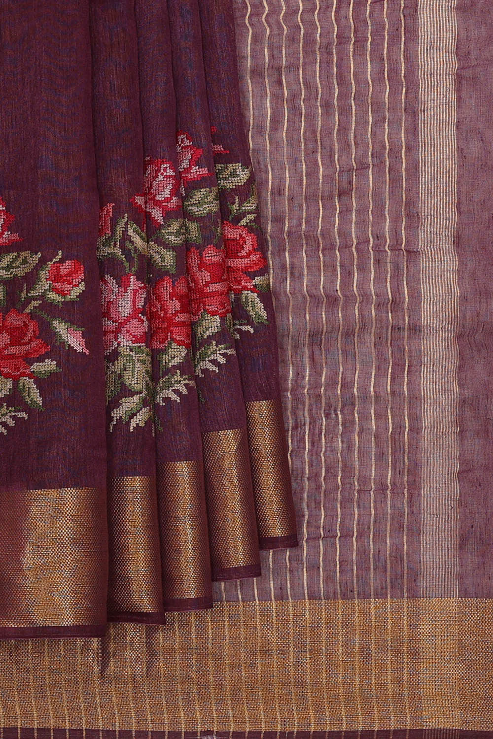 Image of Linen Silk Deep Wine Embroidered Saree
