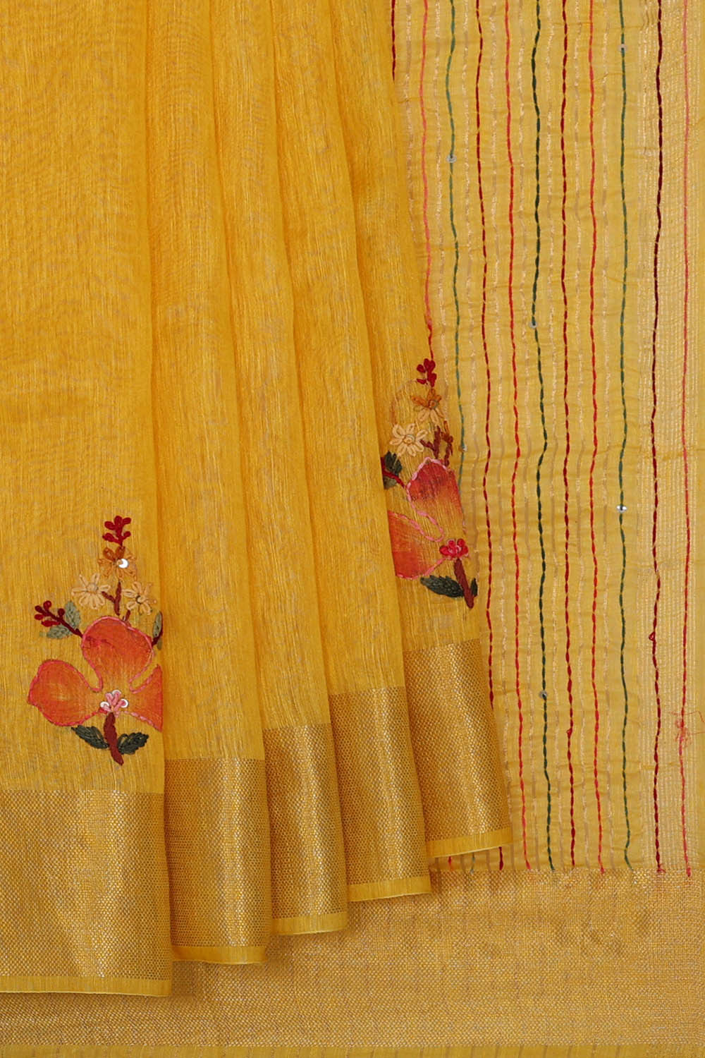 Image of Linen Silk Yellow Embroidered Saree
