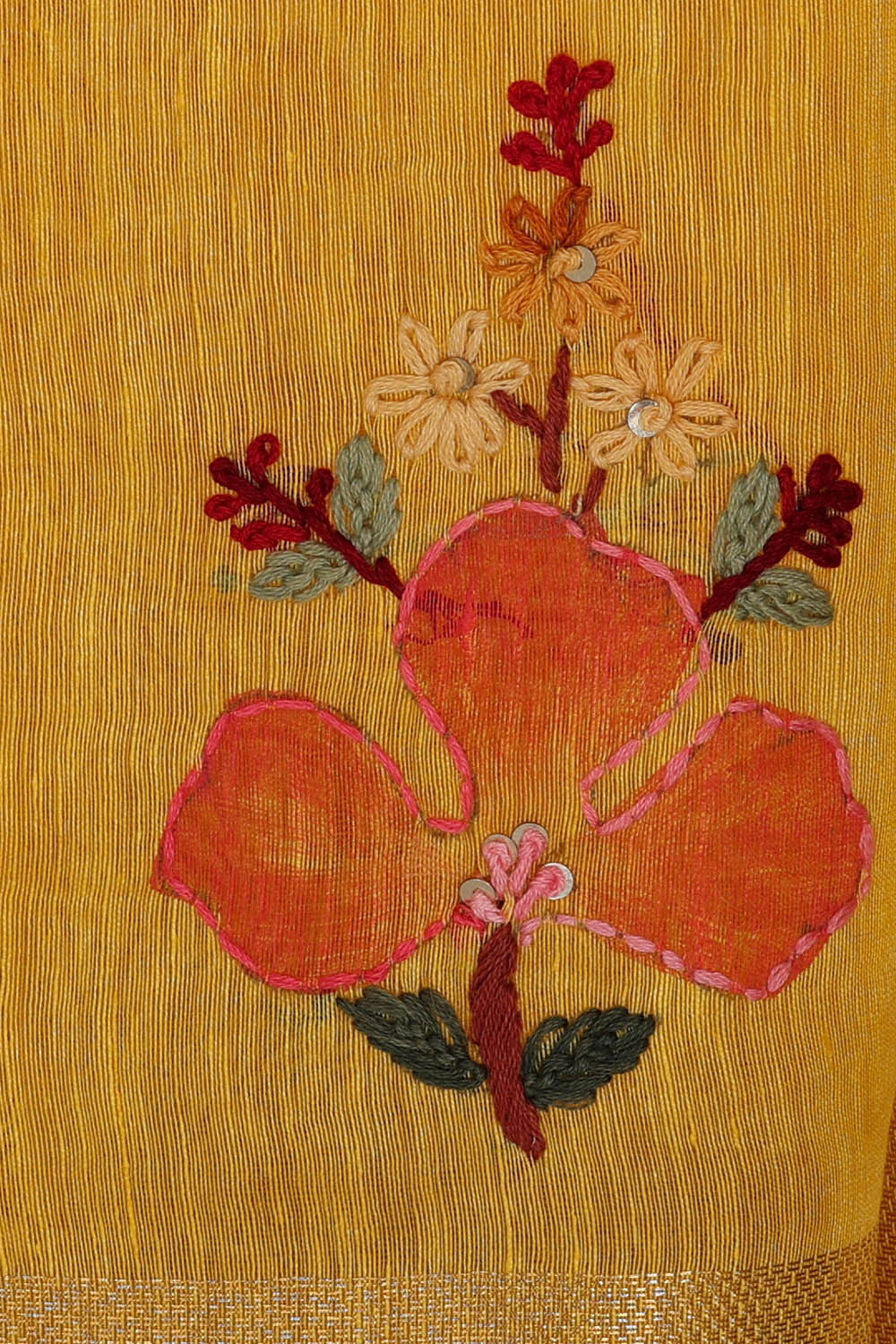 Linen Silk Yellow Embroidered Saree